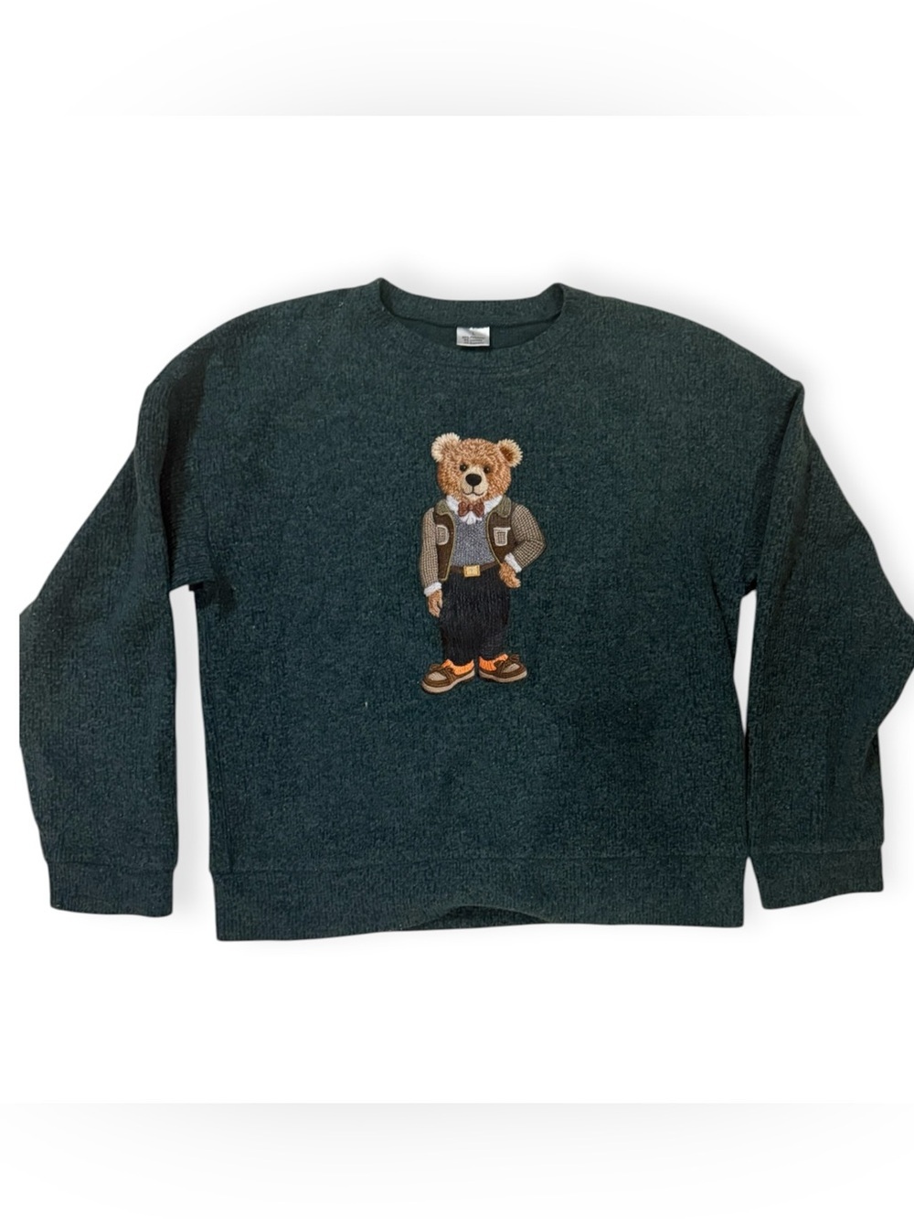 GENERIC AMAZON BRAND WOMENS Dark Green Teddy Bear Embroidered Crewneck Sweater L - Picture 2 of 7